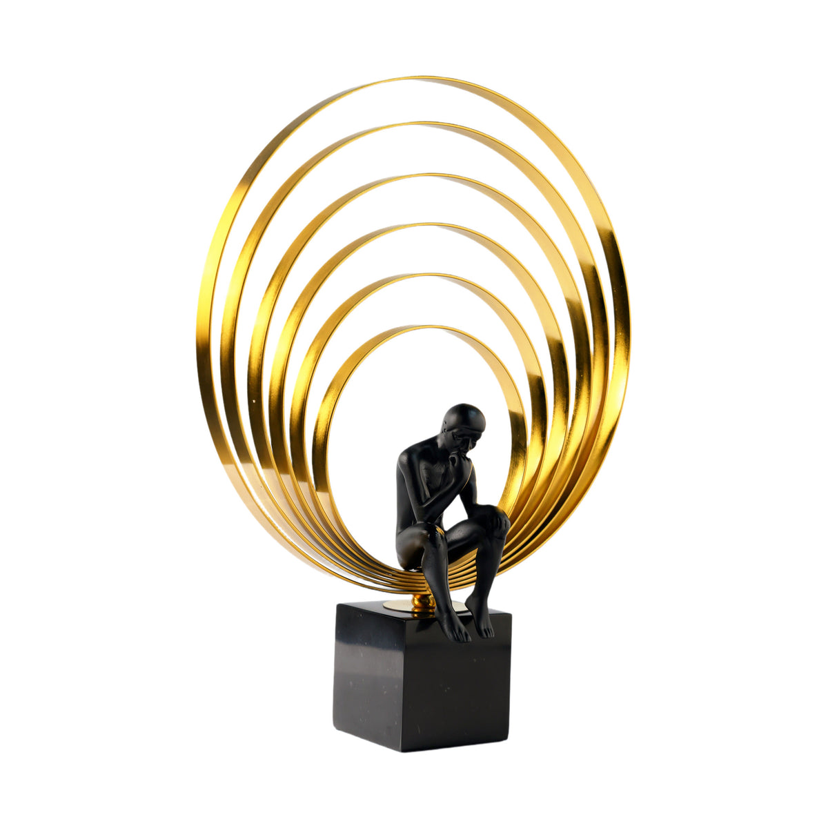 Thinker Figurine, Black Seated Figure with Gold Ring Halo, Cube Base