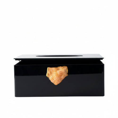 Acrylic Tissue Box Holder with Gold-Edged Crystal Geode, Black