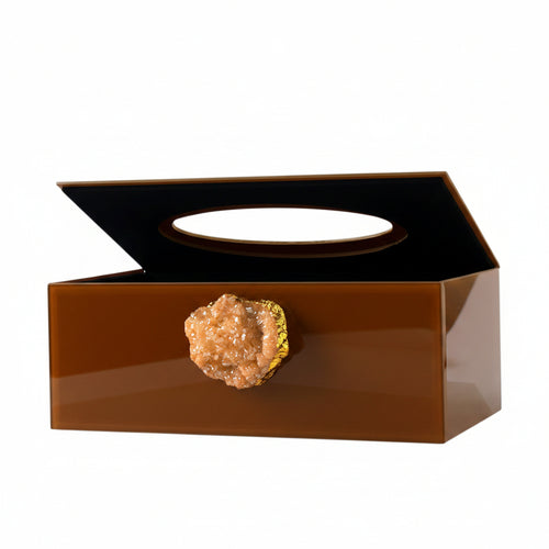 Acrylic Tissue Box Holder with Gold-Edged Crystal Geode, Brown