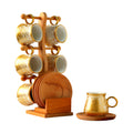 Gold-Speckled Ceramic Cup Set with Wooden Stand and Saucers